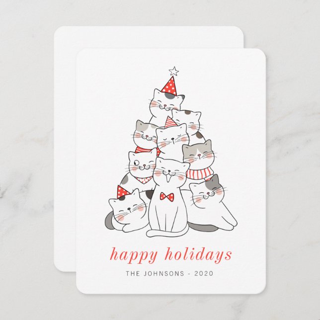 Modern Cute Kitten Cats Christmas Tree Holiday Card (Front/Back)