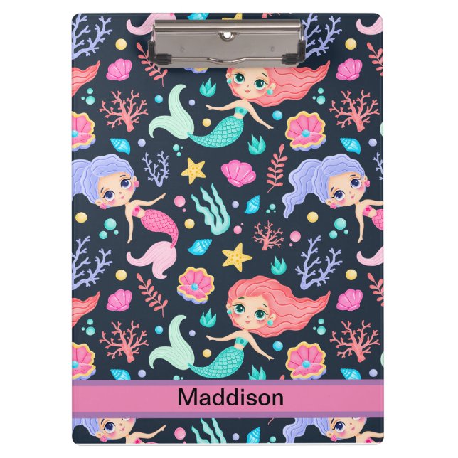 Modern Cute Mermaid Pattern Pink  Clipboard (Front)