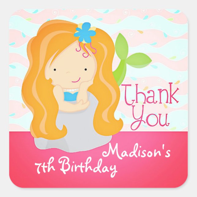 Modern Cute Mermaid Pink Birthday Party Thank You Square Sticker (Front)