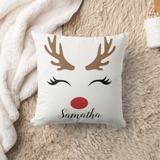 Modern Cute Merry Christmas Reindeer Face Cushion (Blanket)