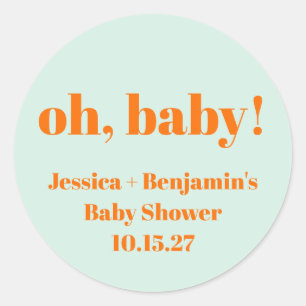 Modern Cute Mint Orange Baby Shower Custom Name Classic Round Sticker