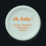 Modern Cute Mint Orange Baby Shower Custom Name Paper Plate<br><div class="desc">Modern Cute Mint Orange Baby Shower Custom Name Paper Plates</div>