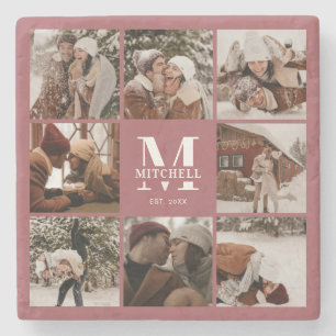 Modern Cute Monogram Initial Family Name &  Photo Stone Coaster