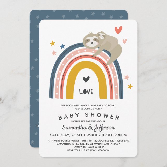 Modern Cute Mummy Baby Sloth Rainbow Baby Shower Invitation (Front/Back)