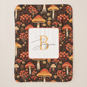 Modern Cute Mushrooms Illustration Initials Script Sherpa Blanket
