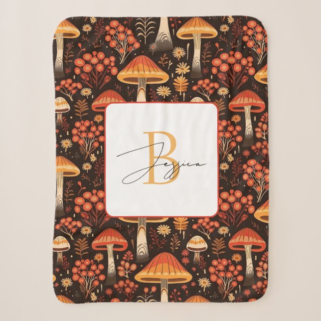 Modern Cute Mushrooms Illustration Initials Script Sherpa Blanket (Front)
