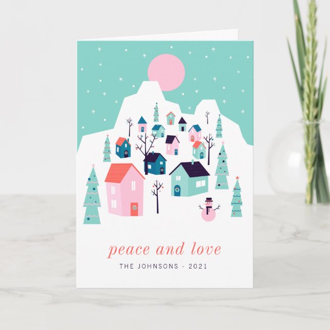 Modern Cute Nordic Winter Snow Mountain Village Card (Front)
