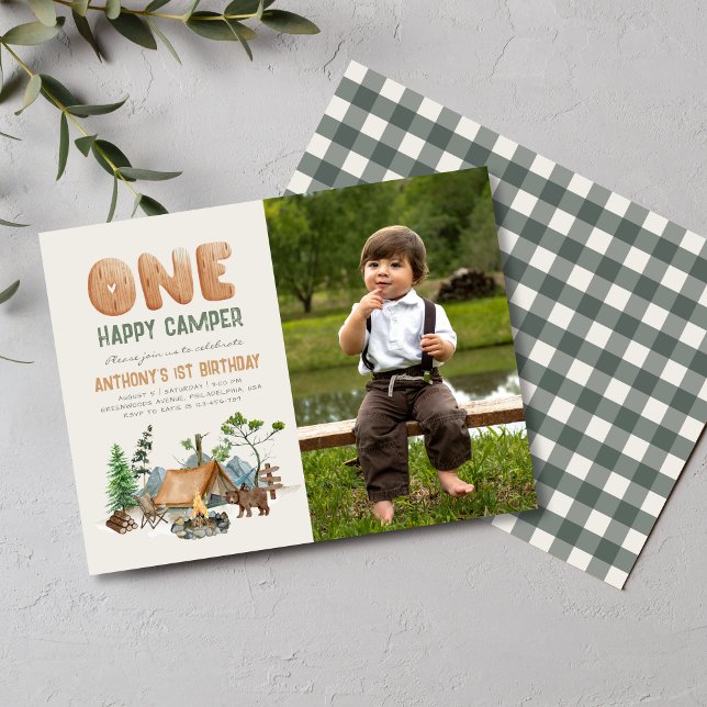 Modern Cute One Happy Camper Photo 1st Birthday Postcard (Creator Uploaded)