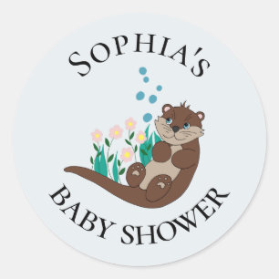 Modern Cute Otter Cartoon Flowers Name Baby Shower Classic Round Sticker