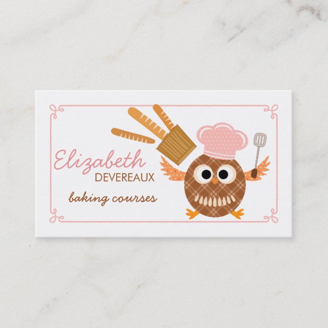 Modern Cute Owl Bakery Baking Courses Business Card (Front)