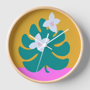 Modern cute palm yellow pink floral clock