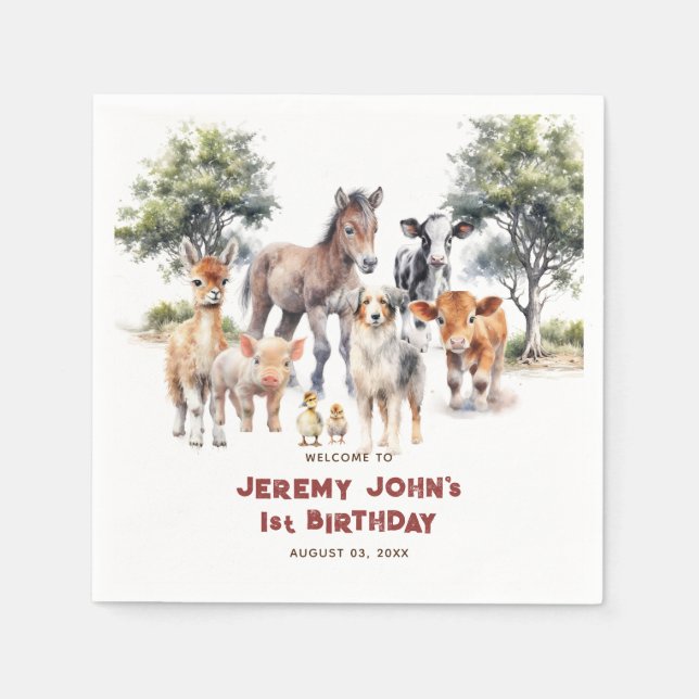 Modern Cute Party Farm Animals Welcome Napkin (Front)