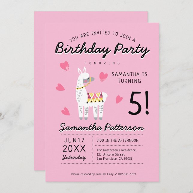 Modern Cute Party Llama Birthday Invitation (Front/Back)