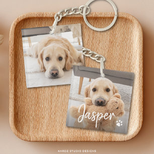 Modern Cute Pet Name Two Photo Key Ring
