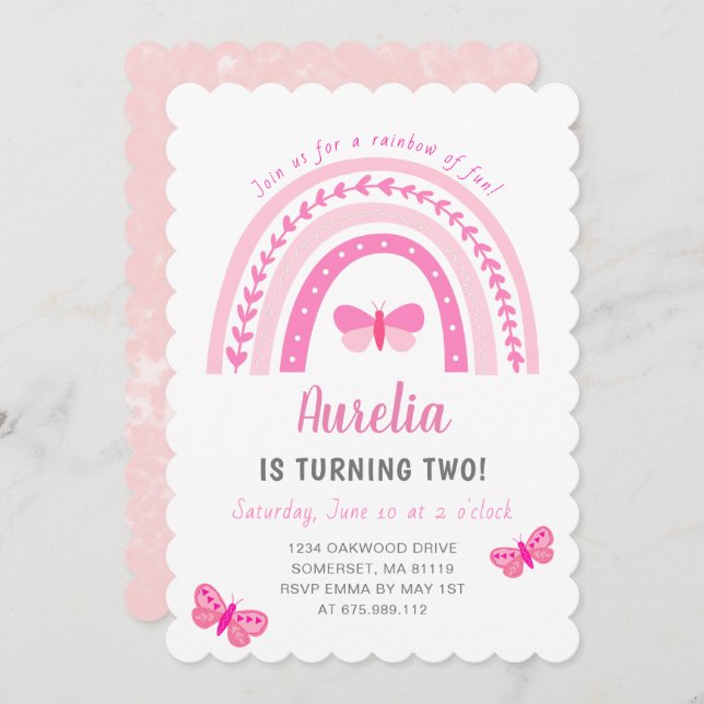 Modern Cute Pink Boho Rainbow Birthday Invitation (Front/Back)