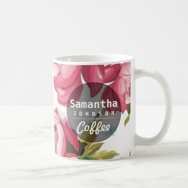 Modern Cute Pink Floral Personalised Name Coffee Mug (Right)