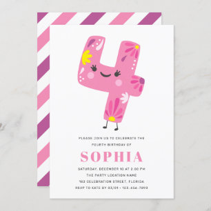 Modern Cute Pink Girl Birthday - 4th Birthday Invitation