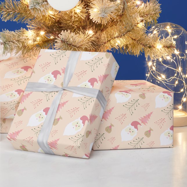 Modern Cute Pink Santa Holiday Pattern Wrapping Paper (Holidays)