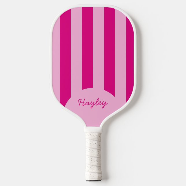 Modern Cute Pink Stripe Custom Name Pickleball Paddle (Front)
