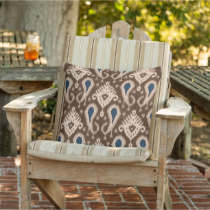 Modern Cute Pretty Brown Blue Ikat Tribal Pattern Cushion