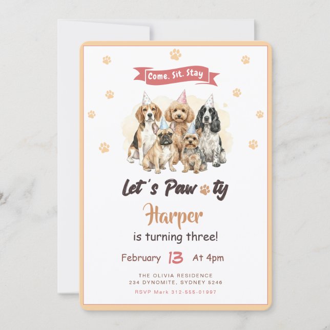 Modern Cute Puppy Dog Pet Birthday Party Invitation (Front)
