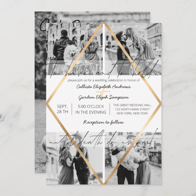 Modern Cute Quote Gold White Frame Photo Wedding Invitation (Front/Back)