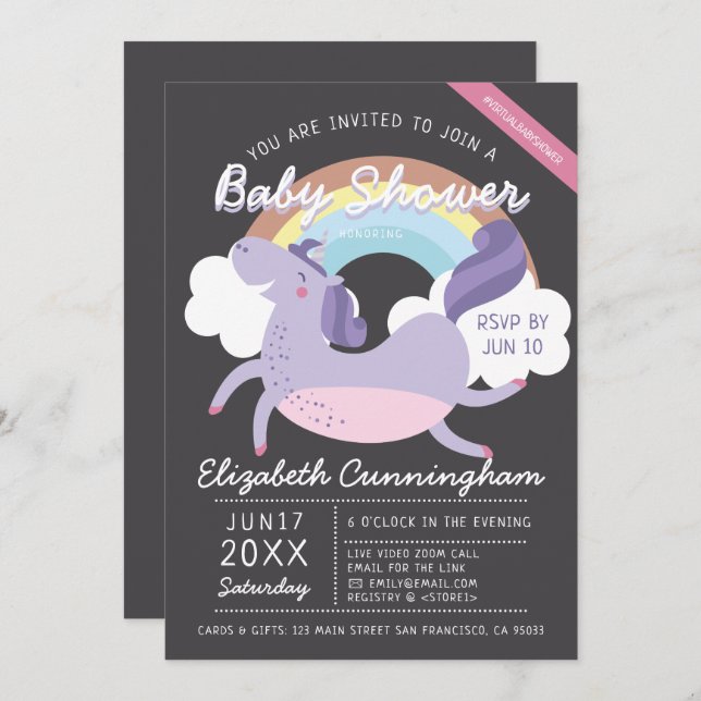 Modern Cute Rainbow Unicorn Virtual Baby Shower Invitation (Front/Back)