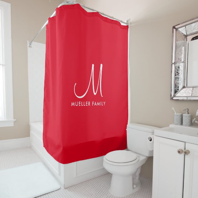 Modern Cute Red Solid Colour Template Family Name Shower Curtain (In Situ)