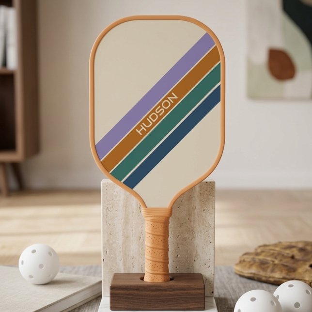 Modern Cute Retro Stripes Monogram Pickleball Paddle (Creator Uploaded)