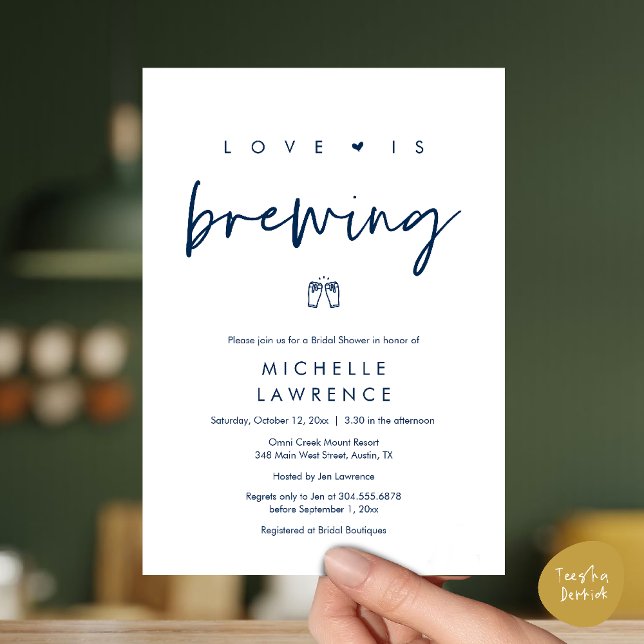 Modern Cute Romantic Beer Party Bridal Shower Invitation (Beer Party Bridal Shower, Love is brewing Invitation card modern romance navy blue)