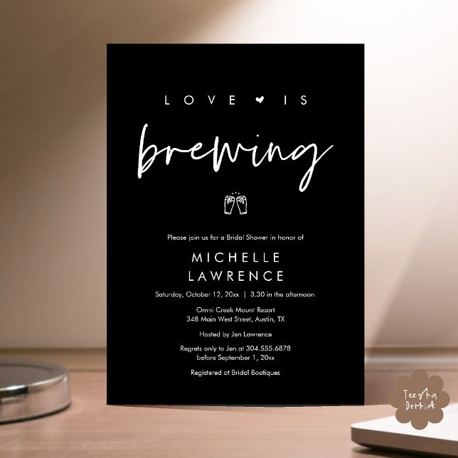 Modern Cute Romantic Beer Party Bridal Shower Invitation (Beer Party Bridal Shower, Love is brewing Invitation card modern romance classy black white)