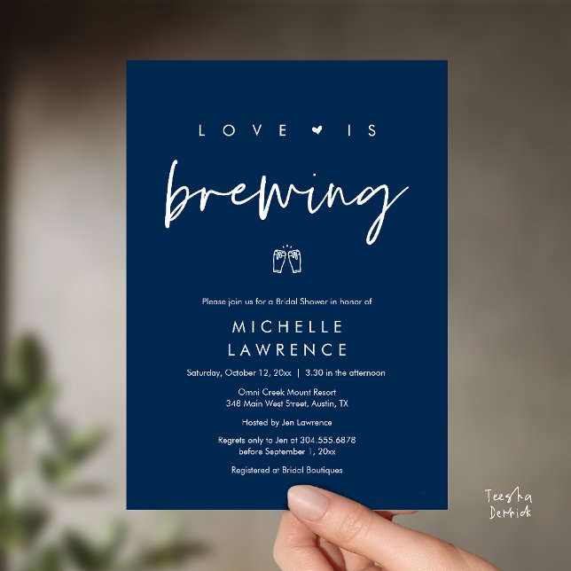 Modern Cute Romantic Beer Party Bridal Shower Invitation (Beer Party Bridal Shower, Love is brewing Invitation card modern romance navy blue)