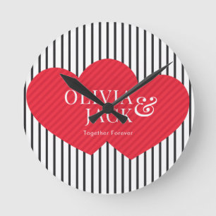 Modern Cute Rustic Two Hearts Black Line Valentine Round Clock