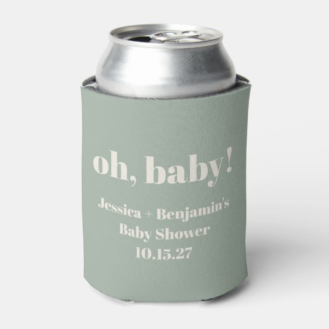 Modern Cute Sage Green Baby Shower Custom Name Can Cooler (Can Front)