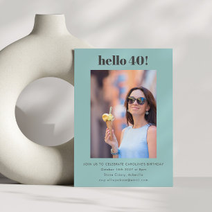 Modern Cute Simple Aqua 40th Birthday Party Photo Invitation