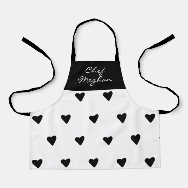 Modern Cute Simple Girly Hearts Black & White Kids Apron (Front)