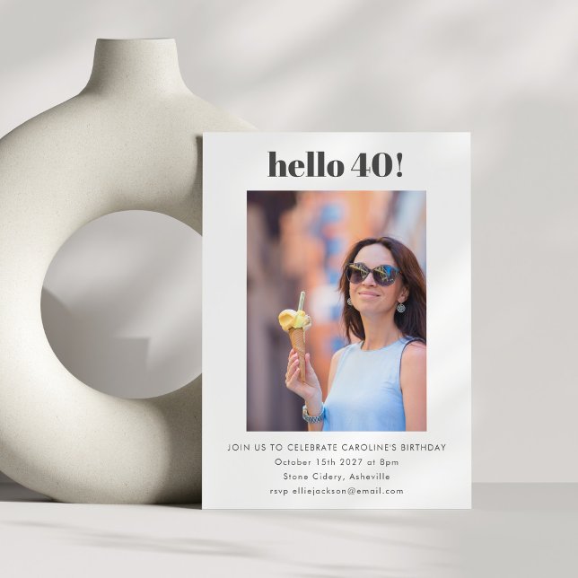 Modern Cute Simple White 40th Birthday Party Photo Invitation (Creator Uploaded)