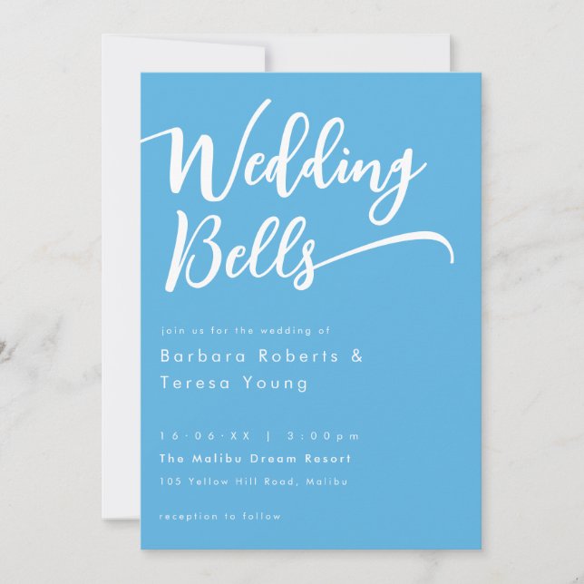 Modern Cute Sky Blue Bells Script Wedding Invitation (Front)