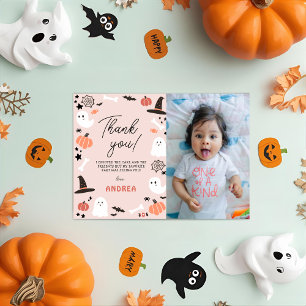 Modern Cute Spooky One Halloween 1st Boo-day Photo Thank You Card