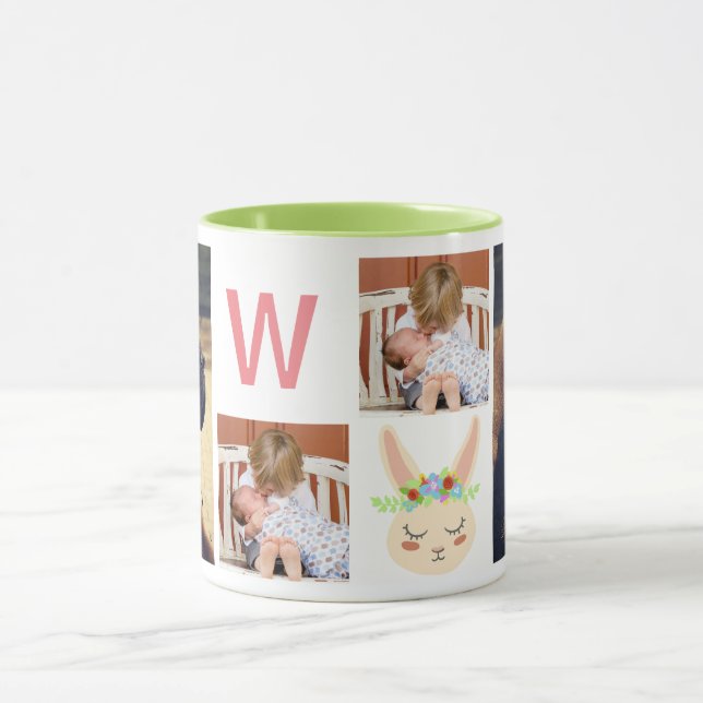 Modern Cute Spring Bunny & 4 Family Photos Mug (Center)