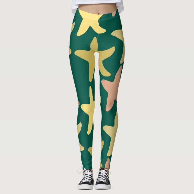 Modern cute star fish Nautical exercise Green Leggings (Front)