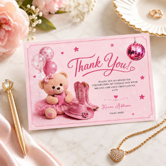 Modern Cute Teddy Bear Pink Girl Birthday Thank You Card