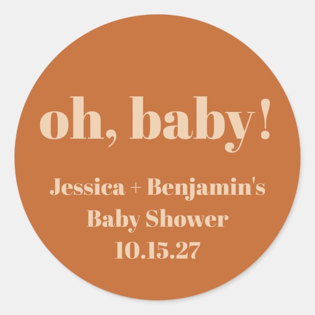 Modern Cute Terracotta Baby Shower Custom Name Classic Round Sticker (Front)