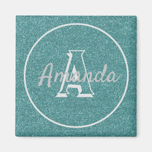Modern Cute Trendy Teal Glitter Name Monogram Magn Magnet