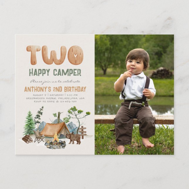 Modern Cute Two Happy Camper Photo 2nd Birthday Postcard (Front)