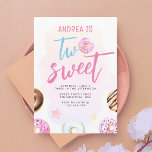 Modern Cute Two Sweet Doughnut Girl 2nd Birthday  Invitation<br><div class="desc">A cute and girly 2nd birthday invitation with watercolor doughnuts,  a chic script calligraphy and a pink stripe background at the back.</div>