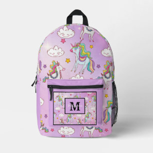Modern Cute Unicorn and Rainbow Purple Monogram Printed Backpack