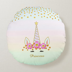 Modern, Cute Unicorn, Flowers & Gold Confetti Round Cushion