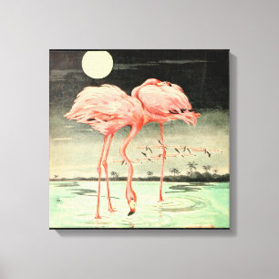Modern Cute Vintage Pink Bird Flamingo and Moon Canvas Print