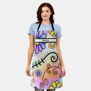 Modern Cute Watercolor Floral Name  Apron